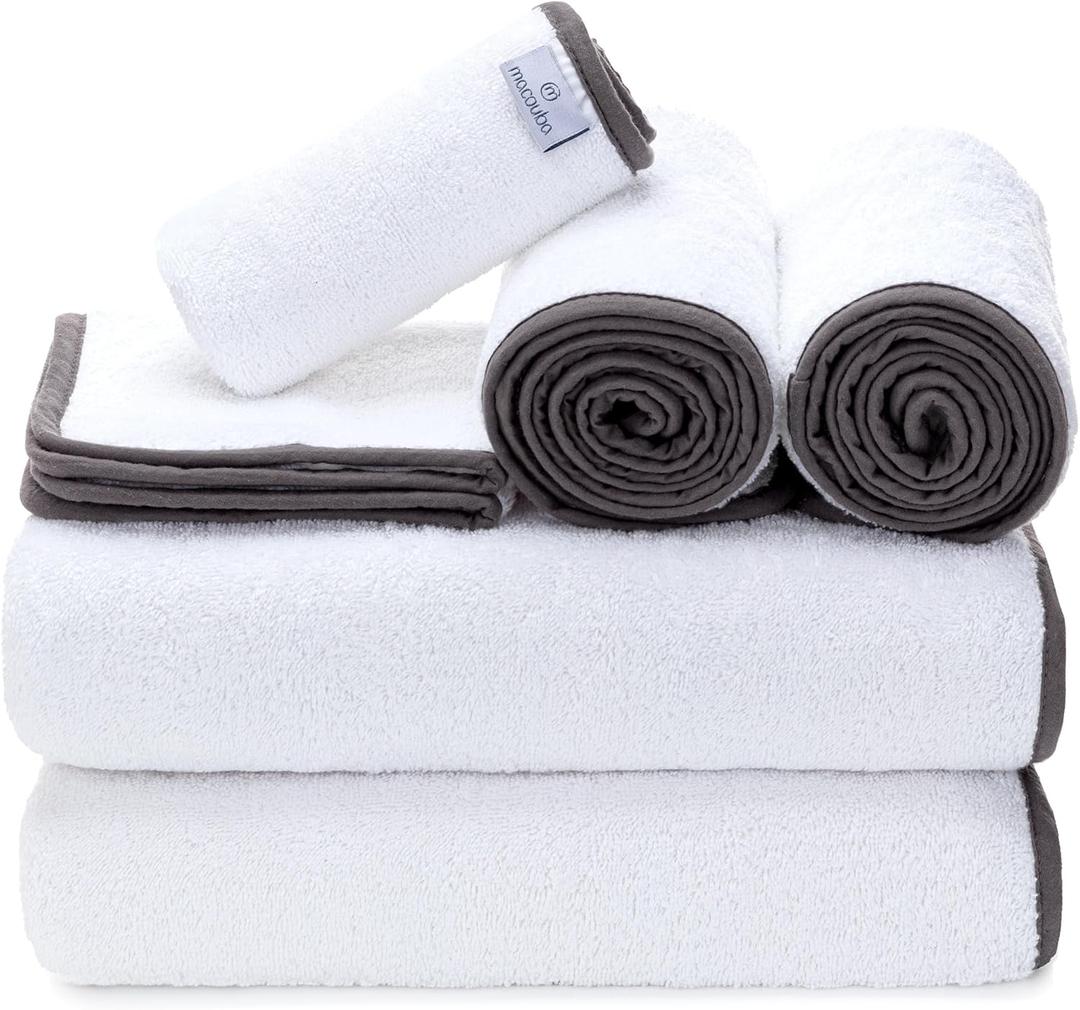 Macouba Bath Towels for Bathroom - Towel Set - White Towels with Grey Trim - Luxury Bath Towels Set of 6, Bathroom Towels, Bath Towel Set, 2 Bath, 2 Hand 2 Face