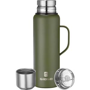 Insulated Vacuum Thermo Bottle 1000ml/33.8oz with Cup Stainless Steel Coffee Bottles for Hot and Cold Drink Water Flask(Green, with Handle, 1000ml)
