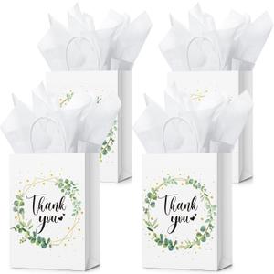 Tinlade 30 Pcs Thank You Gift Bags with Tissue Paper Gold Thank You Wedding Bags with Handle for Graduation Business Shopping Wedding Shower Party Favors(Eucalyptus Leaf)