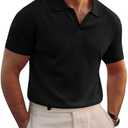 Runcati Mens Knitted Polo Shirt Muscle Short Sleeve V Neck Stretch Casual Slim Fit Vintage Ribbed Golf T-Shirt L