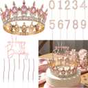 Quelay 13 Pcs Happy Birthday Cake Topper Decorations Set Queen Crown Rhinestone Princess Tiara Cake Topper Numbers Candles 0-9 Happy Birthday Decor for Women Wedding Anniversary Party Supplies(Pink)
