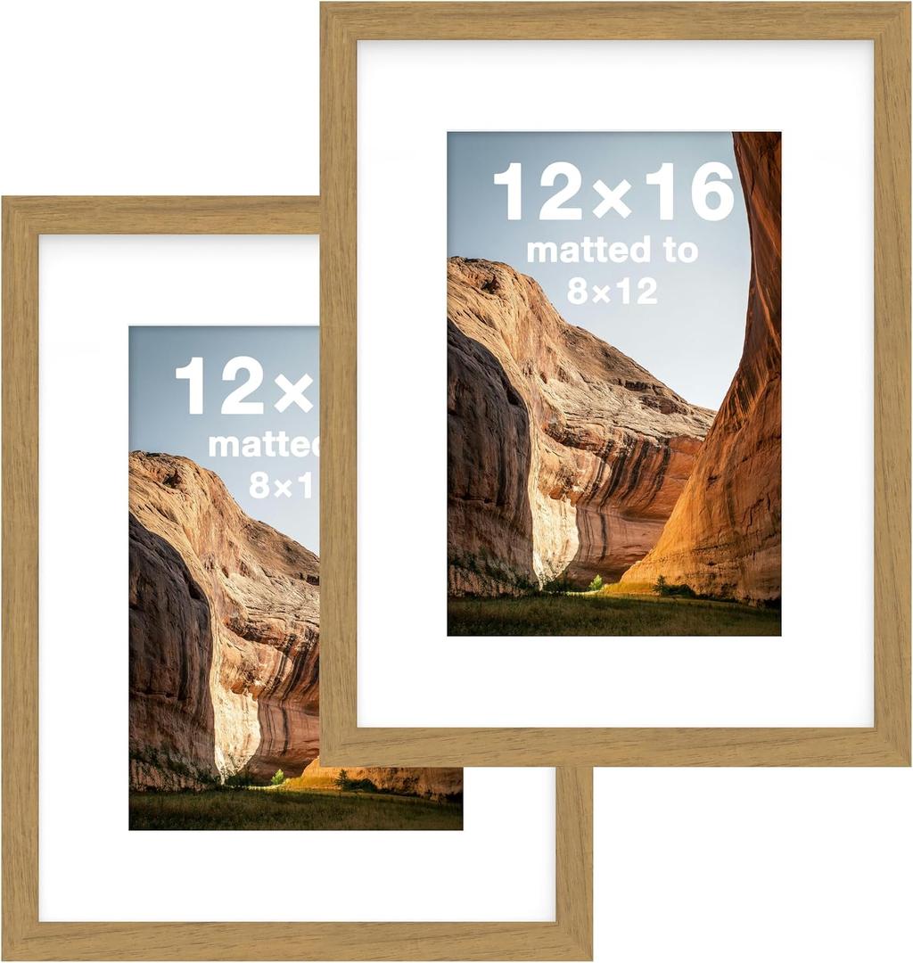 FrameWorks 12x16 mat to 8x12 Classic Wooden Picture Frames With Tempered Glass | Golden Oak | 2-Pack