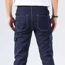 Plaid&Plain Mens Cargo Pants Slim Fit with Contrasting Topstitching and Multi-Pocket (38W x 30L, Navy Blue)