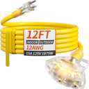 PlugSaf 12 FT 12/3 Gauge Outdoor Extension Cord with Multiple Outlets Light Indicator, Flexible 3 Outlet Weatherproof Heavy Duty Extension Cord Waterproof Yellow, 15A 1875W 12AWG SJTW, ETL Listed