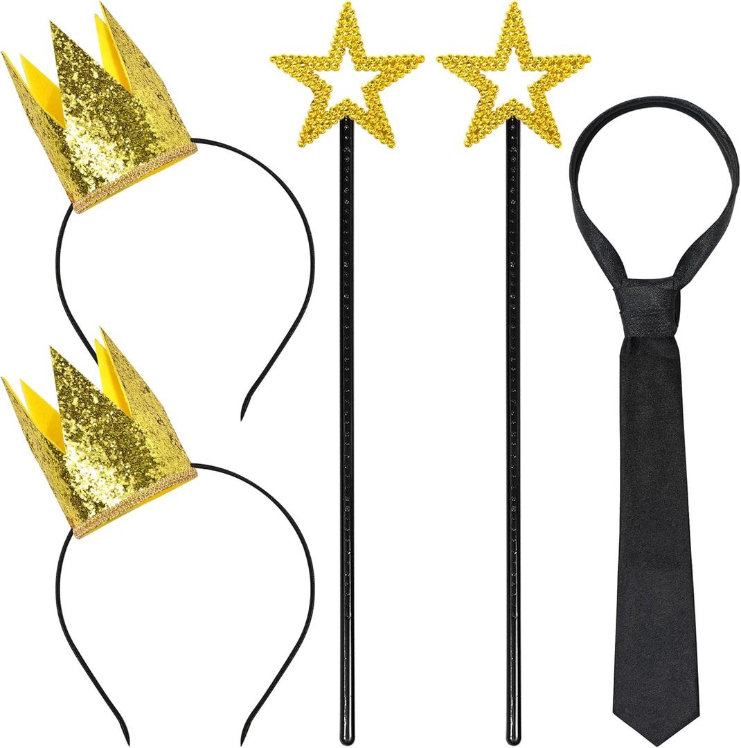 Itscolofy Gold Star Wand and Crown & Tie, Gold Crowns Hats Angel Princess Fairy Costume for Wedding Party Cosplay Couples Halloween Dress Up Accessories