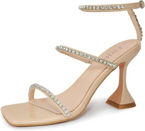 FRJR Women's Rhinestone Sandals Lace Up Slingback Square Open Toe Heels Sparkling Sandals with Stiletto Buckle Strap for Dress Party Prom Wedding High Heeled Shoes Beige 6.5, Was used