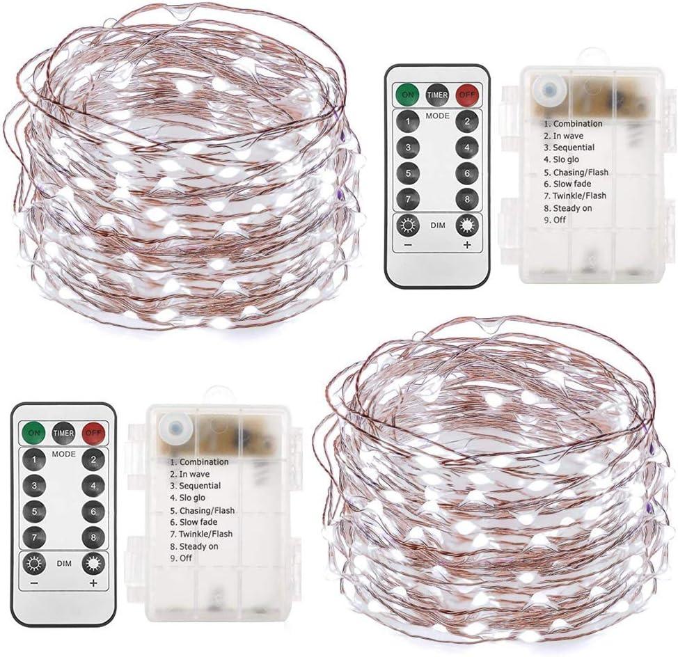 Twinkle Star 2 Pack Christmas Fairy Lights Battery Operated, Total 66 ft 200 Led String Lights Remote Control Timer Twinkle String Lights 8 Modes Firefly Lights for Garden Party Indoor Decor, White