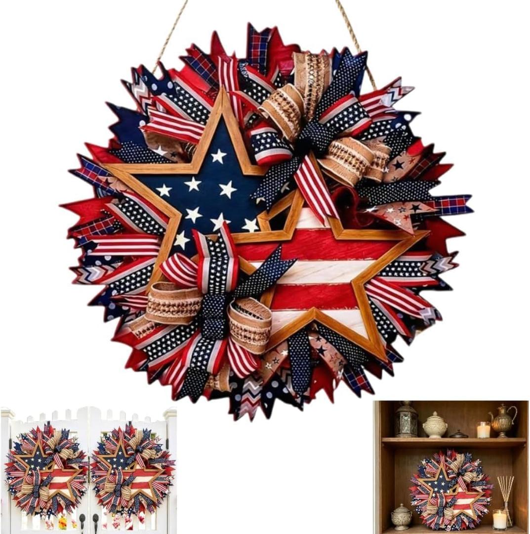 250th Anniversary Patriotic Star Wreath, 15.7'' Red White and Blue Wreath All-Weather Farmhouse Outdoor Holiday Decoration, Memorial Wreath for Front Door, 4th of July Garland for Home Wall Porch