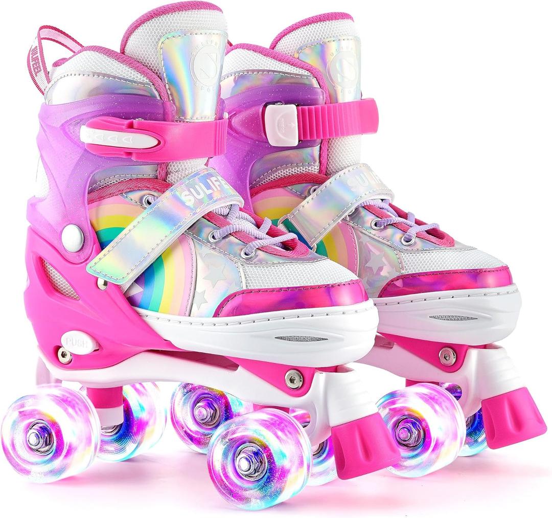 SULIFEEL Rainbow Unicorn 4 Size Adjustable Light up Roller Skates for Girls Boys for Kids (Medium - Big Kid)