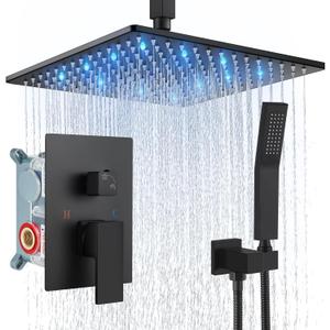 Aolemi Ceiling Mount Shower Faucet Set with Handheld Spray High Pressure Shower Faucets Sets Complete Rough-in Valve and Shower Trim Kit System Included Rainfall Matte Black 12 Inch LED Shower Head
