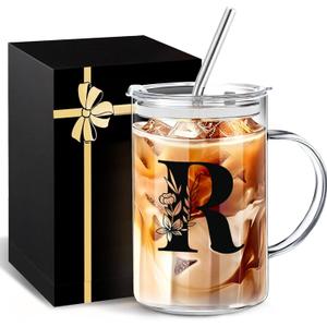 Initial Extra Large Glass Drinking Cup With Lid Straw Comfort Gifts For Woman Coffee Cups Regalos Para Mujer Teen Girl Gifts Trendy Stuff Iced Glass Tumbler Must Have For Women Apartment Essential