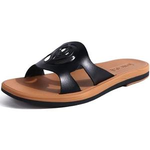 ONCAI Slides for Womens,Flat Dressy Square Toe Summer Beach Sandals for Woman with Comfortable Non-slip Rubber Soles Size 9