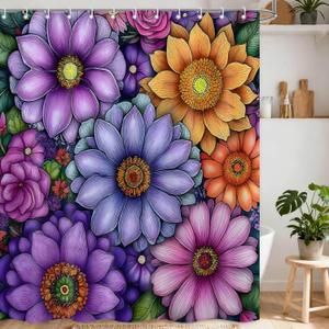 Purple Floral Shower Curtains for Bathroom, Abstract Bohemian Flower Shower Curtain, Waterproof Fabric Bath Accessories Home Decor 71x71 Inches