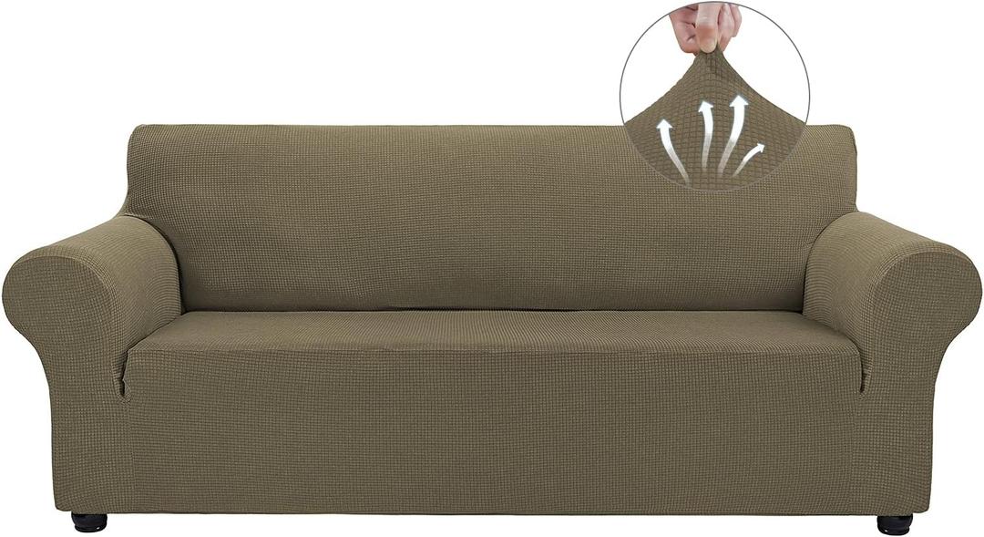 Asnomy Couch Covers for 3 Cushion Couch Stretch Sofa Covers Slipcovers, Pet Protector Furniture Covers for Dogs Cats Spandex Jacquard Fabric Small Checks（X-Large，Khaki）