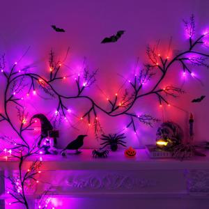 9FT 72 LED Willow Vine Twig Decorations Black Halloween Garland with Orange & Purple Light, 8 Modes Battery Operated Halloween Lights Indoor for Mantle Fireplack Table Home Office Room Party Decor