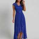 Womens V-Neck Lace Short Sleeve Bridesmaid Dress Chiffon A-line Ruffle Hem Split Wedding Party Midi Dress (Blue, XL)