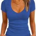 Albe Rita Women Short Sleeve T-Shirt Cap V Neck Shirts for Women Ribbed Casual Top Knit Slim Fit for Summer (Blue)