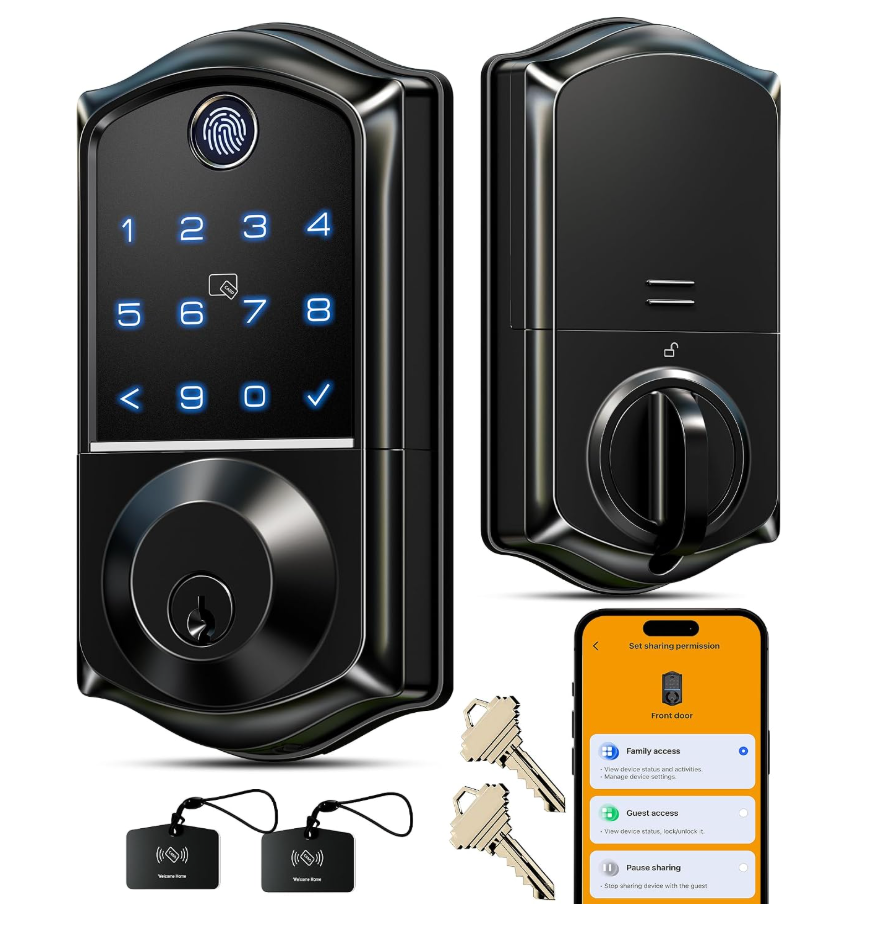 Veise VE017 Fingerprint Smart Door Lock, App Control, 8-in-1 Keyless Entry, Auto Lock, Emergency Power Port, Electronic Touchscreen Keypad, Biometric Smart Locks for Front Door, Matte Black