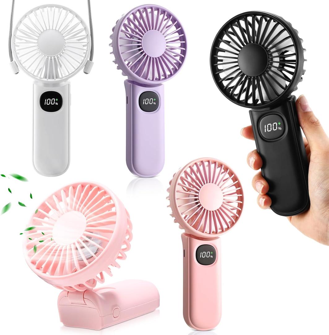 Pack of 4 Portable Handheld Fan with Lanyard 5 Speeds Neck Mini Foldable 180 Rechargeable Battery Operated Lash Quiet Small Personal Fan for Makeup Lash Travel Outdoor Office Camping