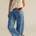 loveimgs Women Boyfriend Baggy Barrel Jeans Floral Print Denim Ankle Pants Wide Leg Mid Rise Jeans Sweatpants Y2k Patchwork, L