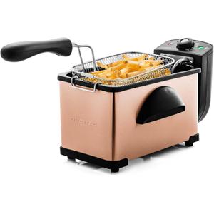 OVENTE Electric Deep Fryer 2L Capacity, Lid with Viewing Window, Adjustable Temperature, Removable Frying Basket & Cool Touch Handle, 1500W Power, Easy to Clean Stainless Steel Body, Copper FDM2201CO