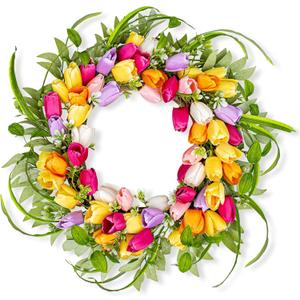 Spring Decorations 22 Inch Summer Wreaths for Front Door Artificial Spring Wreath with 6 Colors Tulips for Indoor Outdoor Holiday Celebration (Multicolor-1)