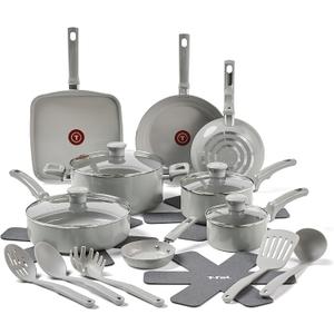 T-Fal Refresh Ceramic Nonstick Cookware Set, 20-Piece, Made without PFOA and PTFE, Oven and Broiler Safe up to 350F, Includes Stockpot, Griddle, Frying Pans, and Utensils, Pots and Pans, Moon Grey