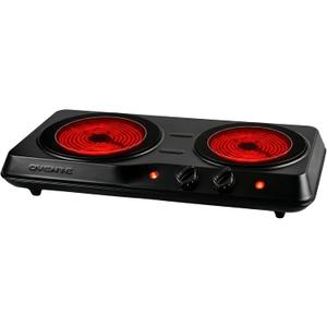 OVENTE Countertop Infrared Double Burner, 1700W Electric Hot Plate and Portable Stove with 7.75" and 6.75" Ceramic Glass Cooktop, 5 Level Temperature Setting and Easy to Clean Base, Black BGI102B