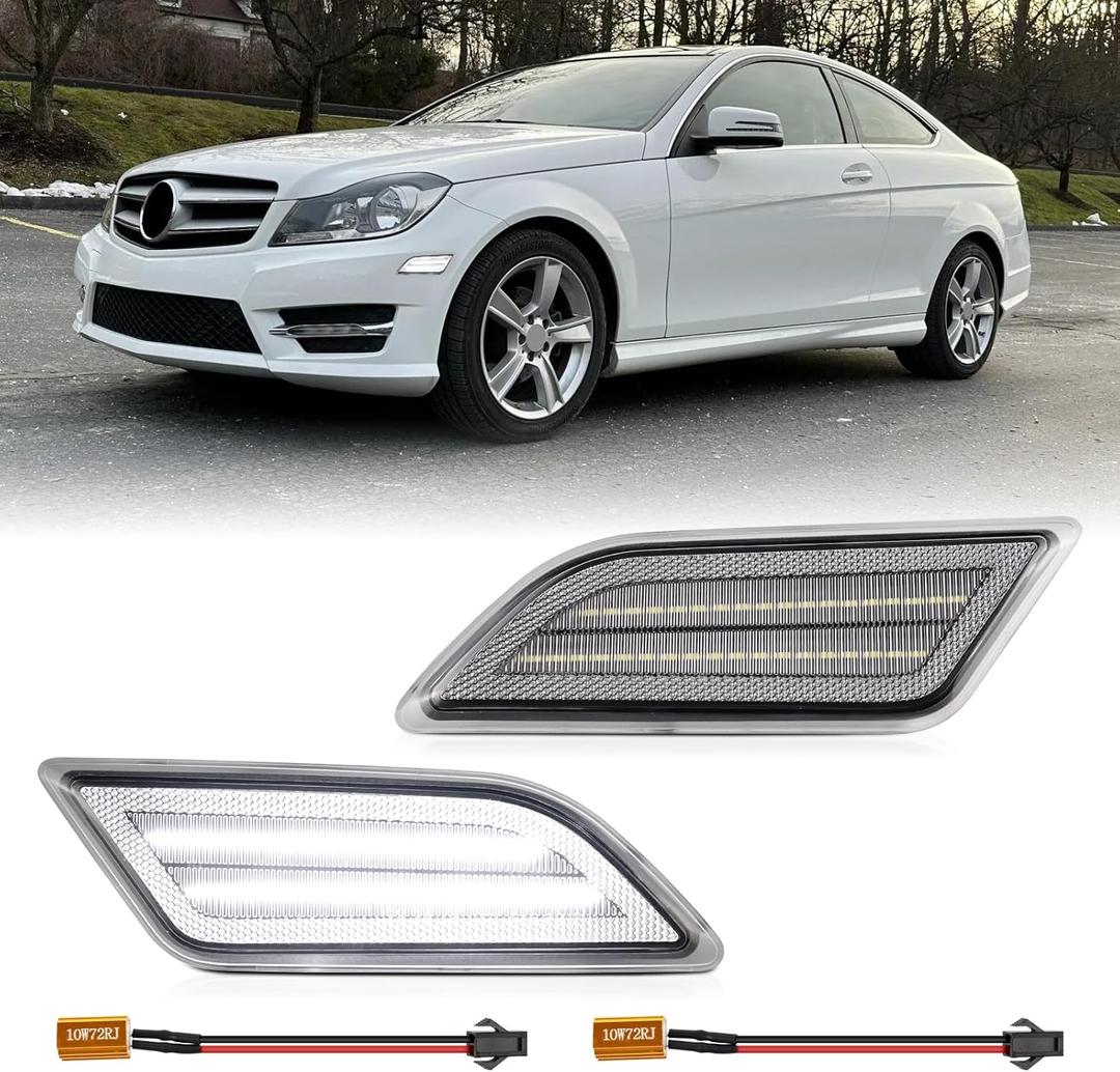 Clear Lens White LED Side Marker Lights For 2012-2014 Mercedes Benz W204 LCI C250 C300 C350 C-Class Sedan Coupe, 2PCS Front Fender Indicator