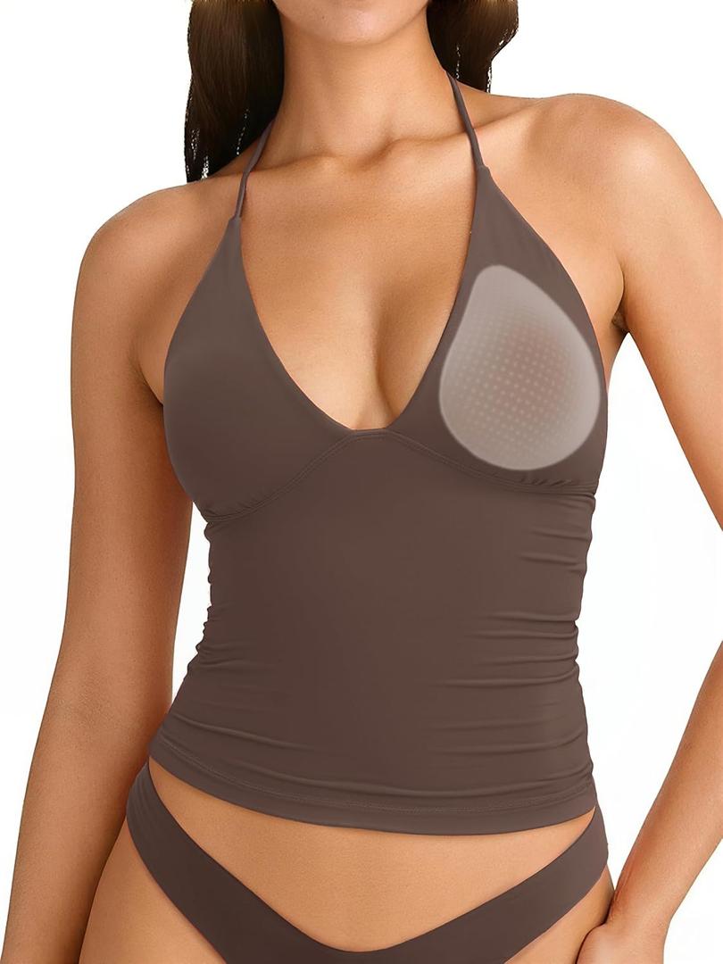 SUUKSESS Women Double Lined Halter Tank Top Summer Padded Deep V Neck Going Out Tops Sleeveless Basic Shirts (Brown, Large)