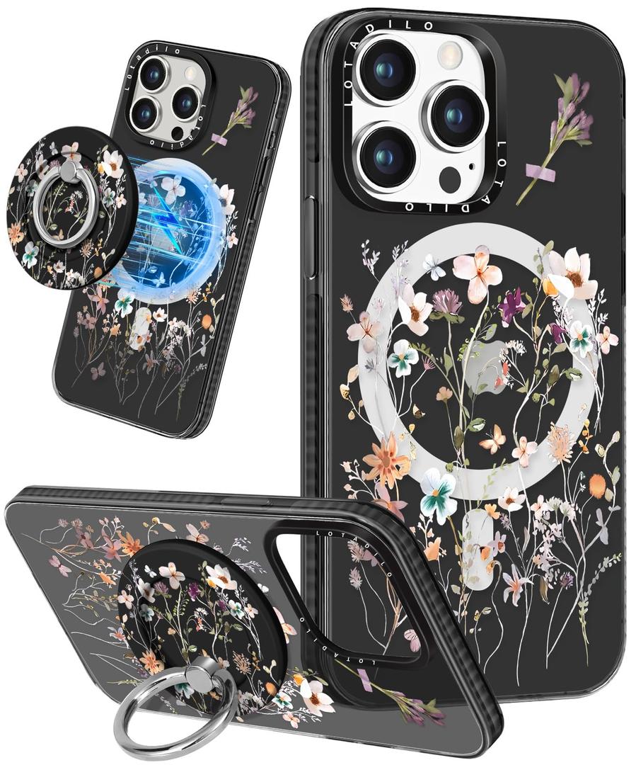 for iPhone 15 Pro Max Case for Women - Cute Kawaii Design Girls Compatible with Magsafe Magnetic Ring Holder Stand Blue Flower Phone Covers Aesthetic Girly TPU Funda for 15 Pro Max