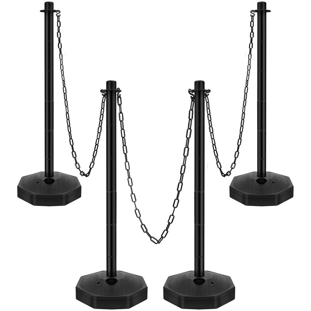 4 Sets Plastic Stanchion Set Traffic Delineator Post Cones with Fillable Base 6.6 ft Plastic Chain and S Hooks Crowd Control Parking Barrier for Traffic Caution Parking Lot Construction Roads (Black)