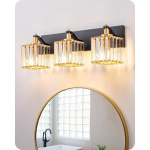 EDISHINE Bathroom Light Fixtures, 20.47'' Crystal Bathroom Vanity Lighting Fixtures Over Mirror, 3 Light Vanity Lights for Bath, Powder Room, Black and Gold, E26 Base