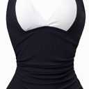 Smismivo Ribbed Halter One Piece Tummy Control Swimsuit for Women Cute Color Block Bathing Suits Push Up 2025 (Black, Large)