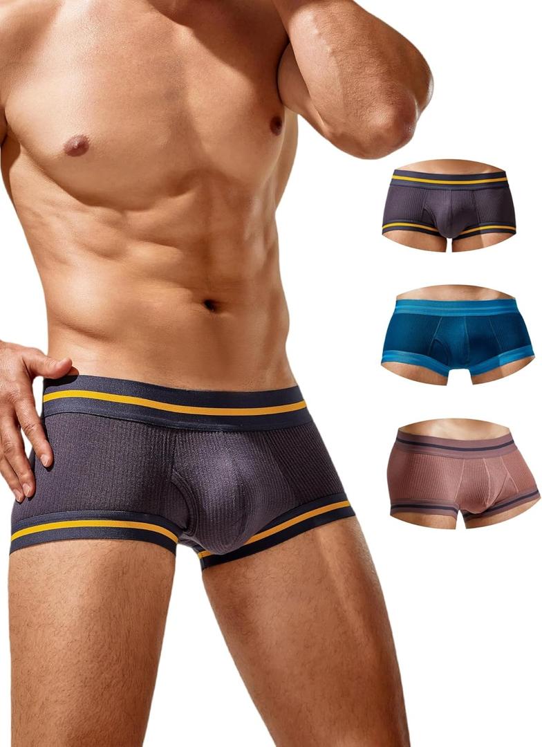 Mens Trunks Underwear Soft Ribbed Cotton Boxer Briefs for Men Low Rise Breathable Stretchy Comfort Pouch Design (Grey+blue+brown(3 Pack)), XL