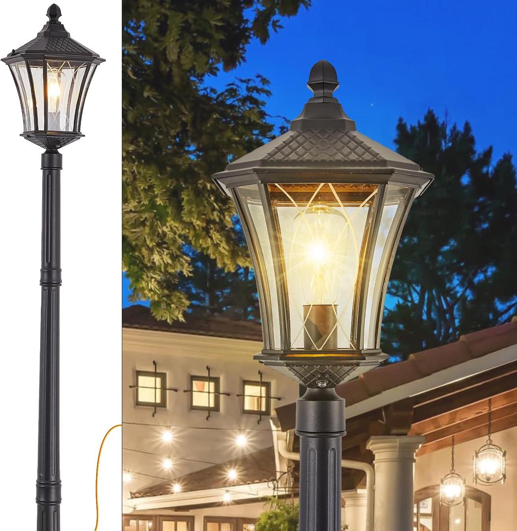 Outdoor Lamp Post Lights with Outlet, Dusk to Dawn Pole Lamp with Patterned Glass, Aluminum Waterproof Outside Street Light with Plug, Hardwired Black Light Pole for Backyard, Garden, Driveway, Xl-1-h
