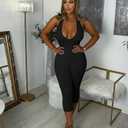 Women Sexy Deep V Neck Sleeveless Backless Bodycon Capri Jumpsuit Halter Party Club Rompers One Piece Outfits (Black, XS)
