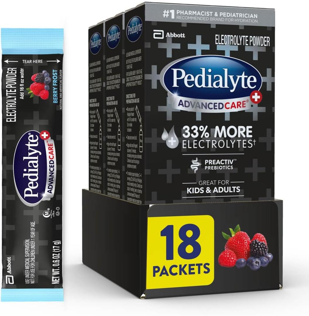 Pedialyte AdvancedCare Plus Electrolyte Powder, Has 33% More Electrolytes and PreActiv Prebiotics, Berry Frost, 18 Powder Packets (EXP 07/01/27)