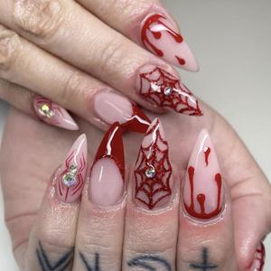 Halloween Press on Nails Medium Stiletto OFDNE French Tip Fake Nails Red Blood Drop False Nails with Spider Web Designs Rhinestones Stick on Nails Glossy Glue on Nails for Women Girls 24 Pcs