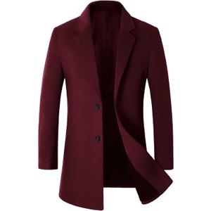 chouyatou Men's Mid-Length Single Breasted Wool Blend Top Coat (Medium, Notch-Burgundy)