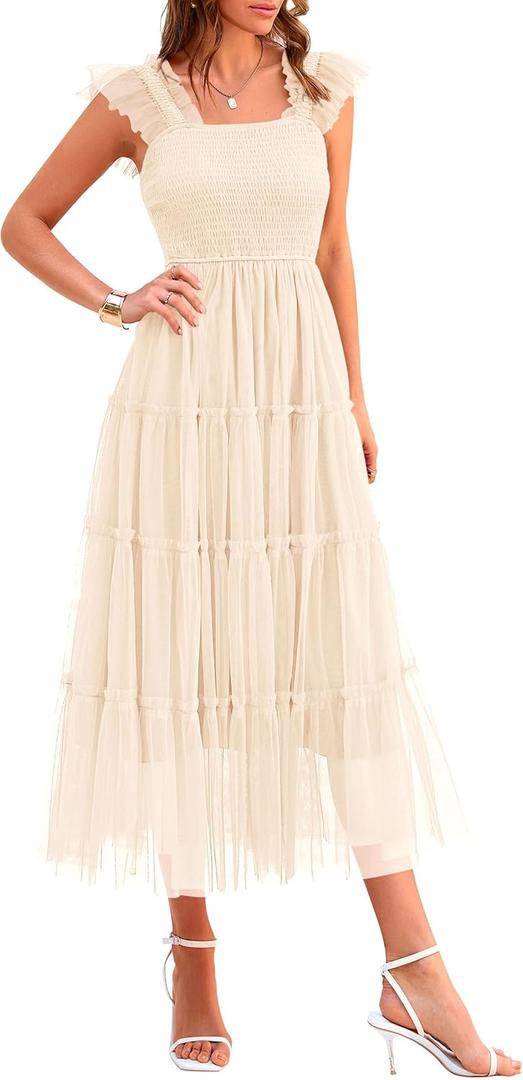 PRETTYGARDEN Women's Summer Midi Tulle Dress Sleeveless Smocked Square Neck Ruffle Flowy Party Wedding Guest Sundress (Beige, Small)