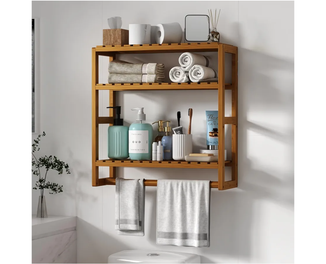 Over The Toilet Storage Bathroom Shelves Wall Mounted 3 Tier Space Saver Corner Shelf Organizer Bamboo Towel Rack Toilet Paper Cabinet with Hanging Rod Brown