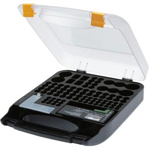 Amazon Basics Battery Organizer with Tester, Wall-Mounted Design, Handle Holds 110 Batteries,9.37 x 11.69 x 2.91 inches Clear/Black (Medium to Large)