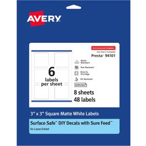 Avery Durable Removable Square Labels, Sure Feed Technology, 3" x 3", Matte White Film, Water-Resistant, Print-to-The-Edge, Laser/Pigment-Based Inkjet Printable, 48 Total