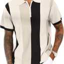 Men's Fashion Polo Shirts Vintage Striped Knitting Shirts Casual Slim Fit Golf Shirts (Large, White)