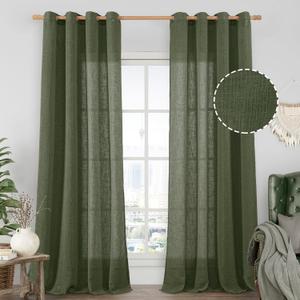 LAMIT Sheer Linen Curtains 102 inches Long, Linen Textured Light Filtering Semi Sheer Bronze Grommet Natural Boho Drapes for Living Room/Farmhouse, 2 Panels, Olive Green, 52 x 102 Inch