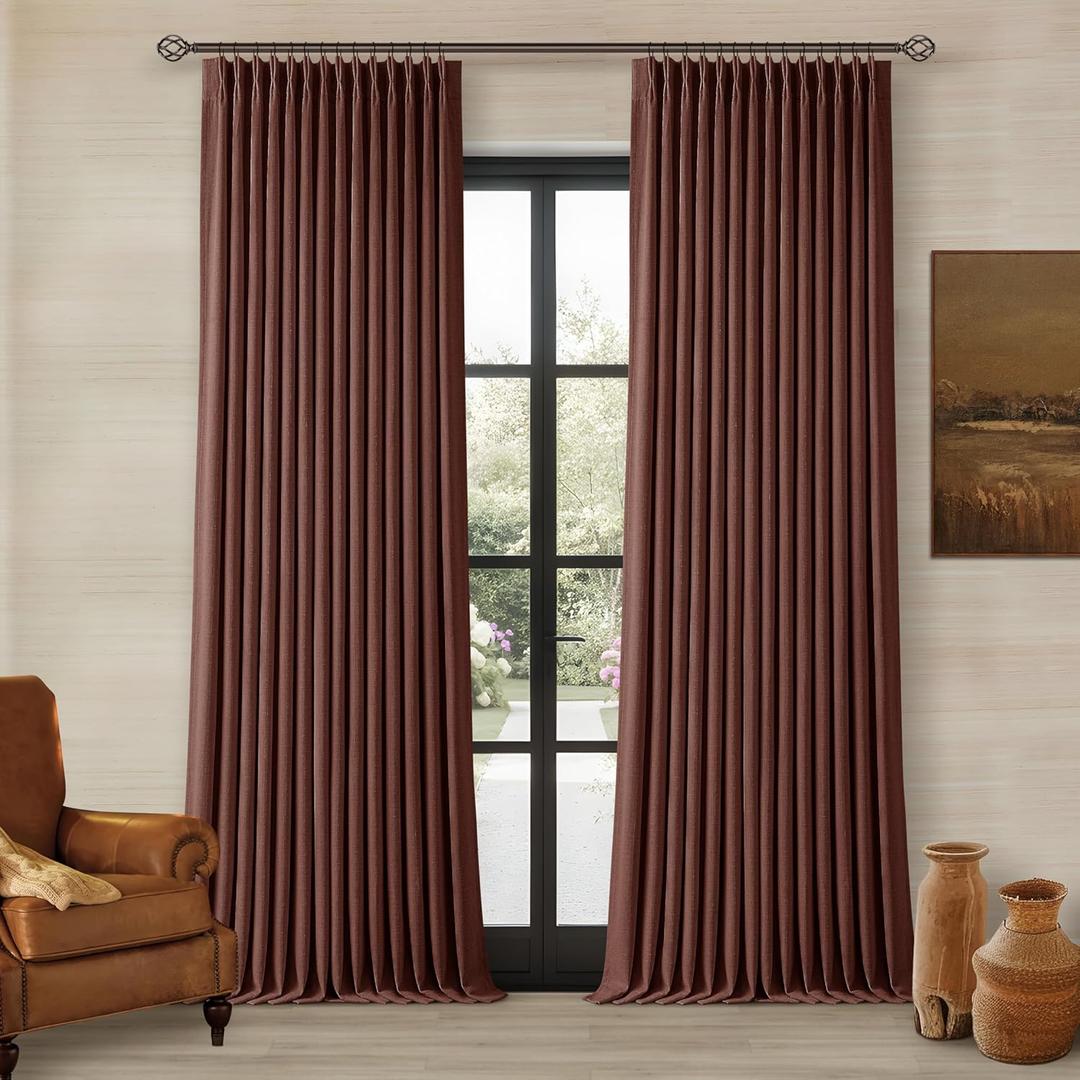 Chestnut Brown 96 Inch Blackout Pinch Pleated Curtains 2 Panel Set for Living Room Darkening Thick Linen Textured 100% Black Out Drapes 96 Inches Long Pinch Pleat Light Blocking Bedroom Rust Maroon