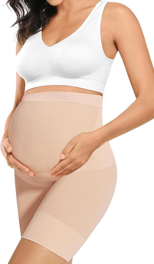 Baby Bump Premium Maternity Shapewear, High Waisted Mid-Thigh Pregnancy Underwear Prevent Chaffing Soft Adominal Support (Medium, Nude)