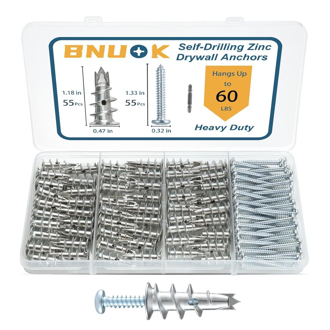 Metal Self Drilling Drywall Anchors,110PCs Hollow Zinc Sheetrock Anchors and Screws Kit, 55 Heavy Duty Wall Anchors and 55 Pan Head Screws,60LB Hanging