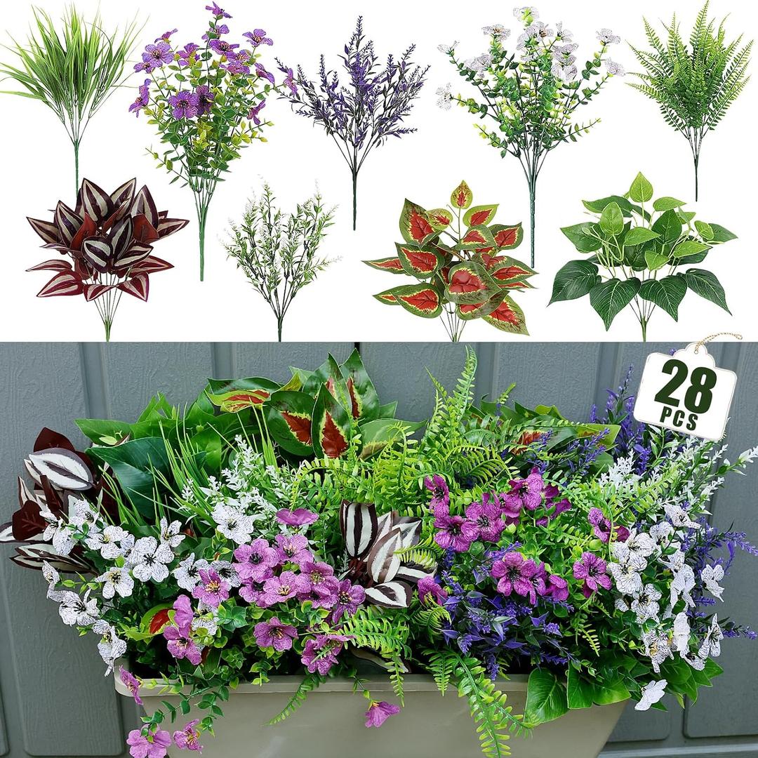 28 Bundles Fake Plants Outdoor Spring Summer Decor Artificial Greenery Faux Plastic Flower Plants for Garden Porch Planter Window Box Hanging Baskets Decor (Purple & White)